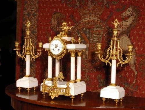fig 1. **** SOLD **** Gilt Mounted White Marble Portico Clock Set ~ A D Mougin ~